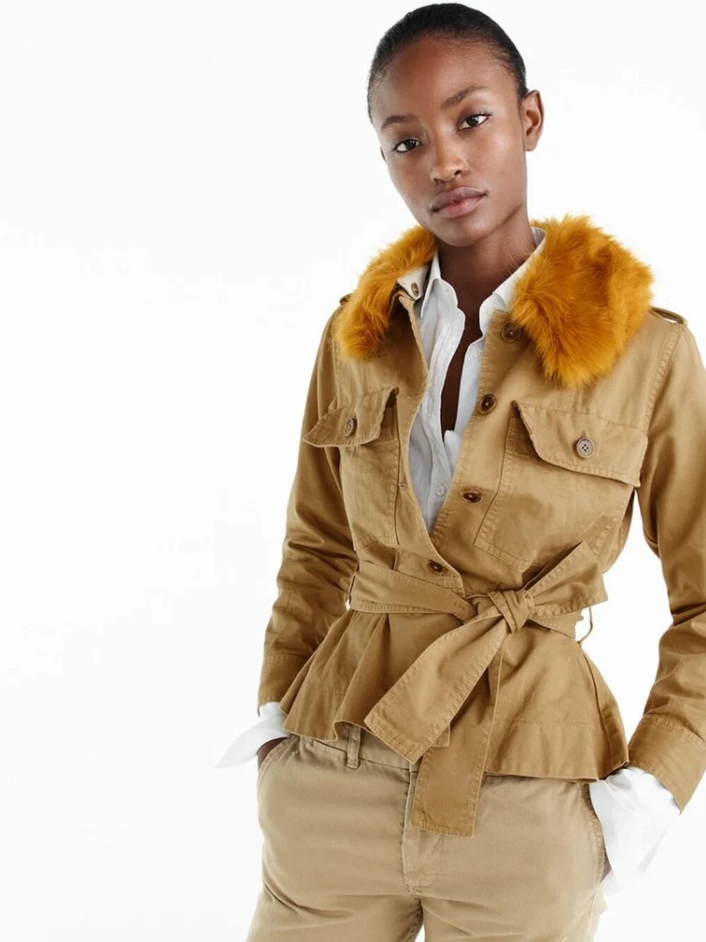 Peplum Chino Jacket with Faux-fur Collar